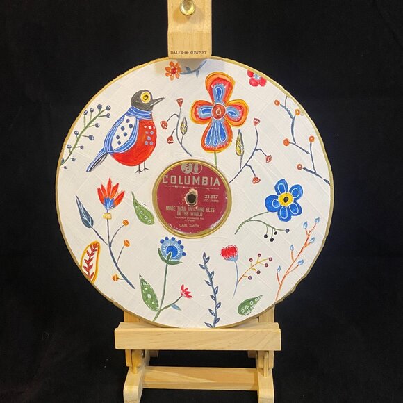 Hand painted Record - White With Bird -1of1- by BadAsh -Unique Decor - Picture 1 of 1